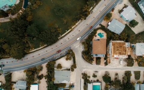 Drone view of suburban houses, road, and lush greenery, showcasing modern architecture.